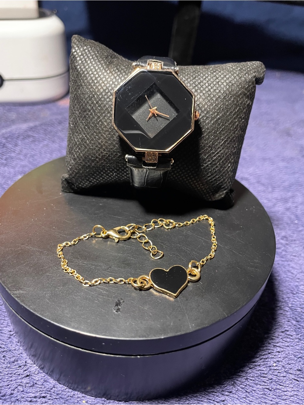 Gold-Tone Heart Bracelet with Black Enamel Inlay